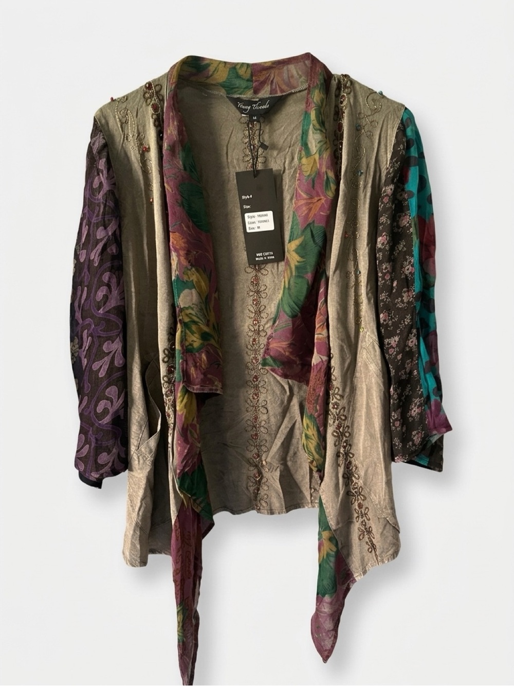 224 NWT Young Threads Gravel Multicolor Floral-Trim Open Front Kimono - Medium